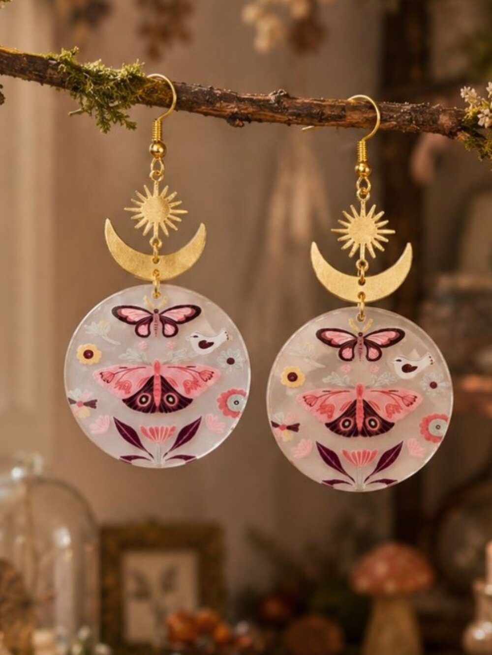 Moth Moon Earrings Celestial Earrings Acrylic Moth Earrings Cottagecore Earrings